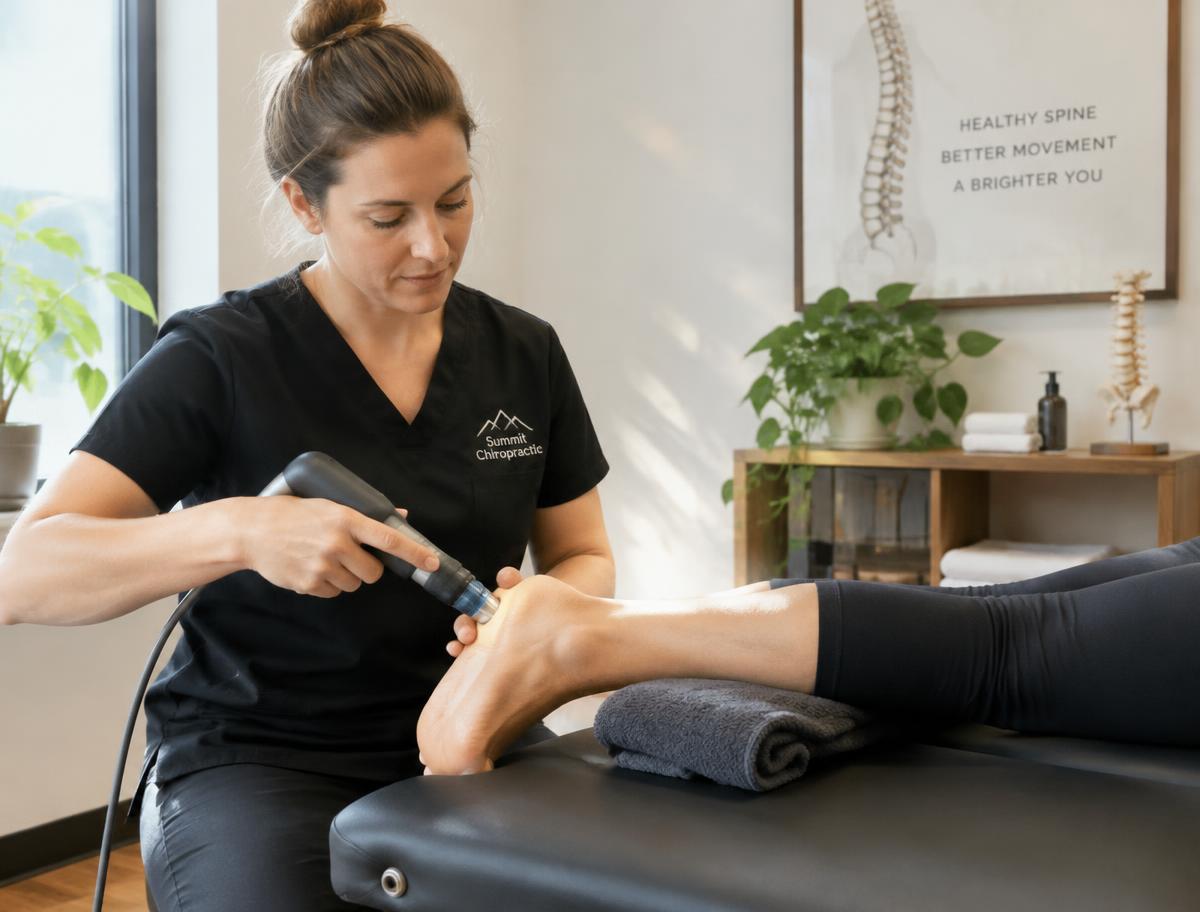 Clinician applying SoftWave therapy to a patient's heel